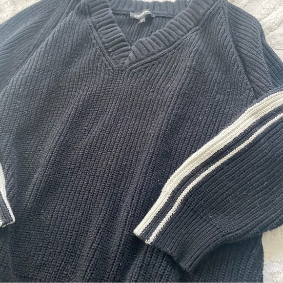 Express Black Oversized V-neck Striped Sleeve Sweater - Picture 3 of 5